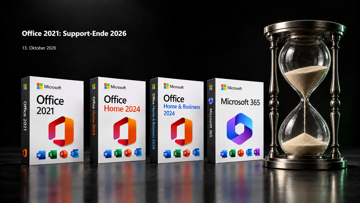 Office 2021 Support-Ende 2026 mit Office 2024, Microsoft 365 und grüner Sanduhr.