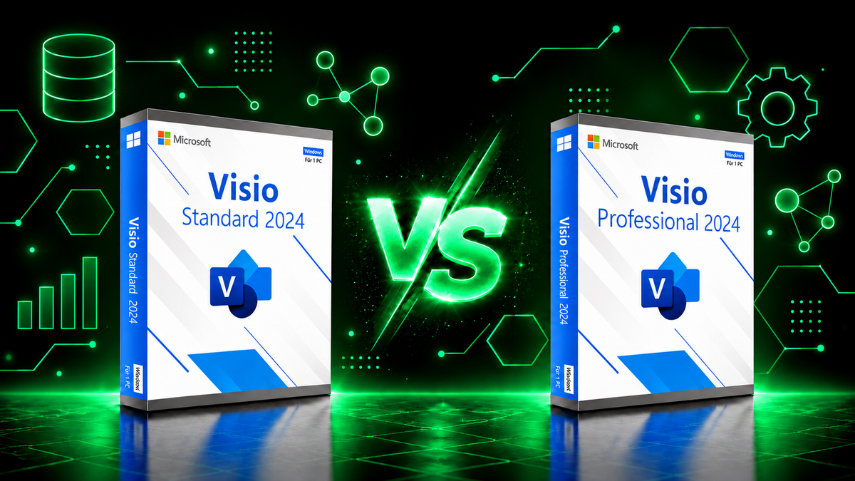 Microsoft Visio Standard 2024 vs. Professional 2024 auf schwarzem Hintergrund mit grünen Elementen.