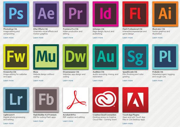 Adobe Creative Cloud Programmlogos Übersicht