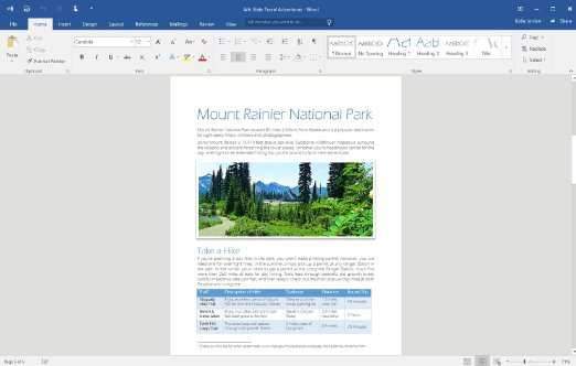 Word 2016 Dokument über Mount Rainier