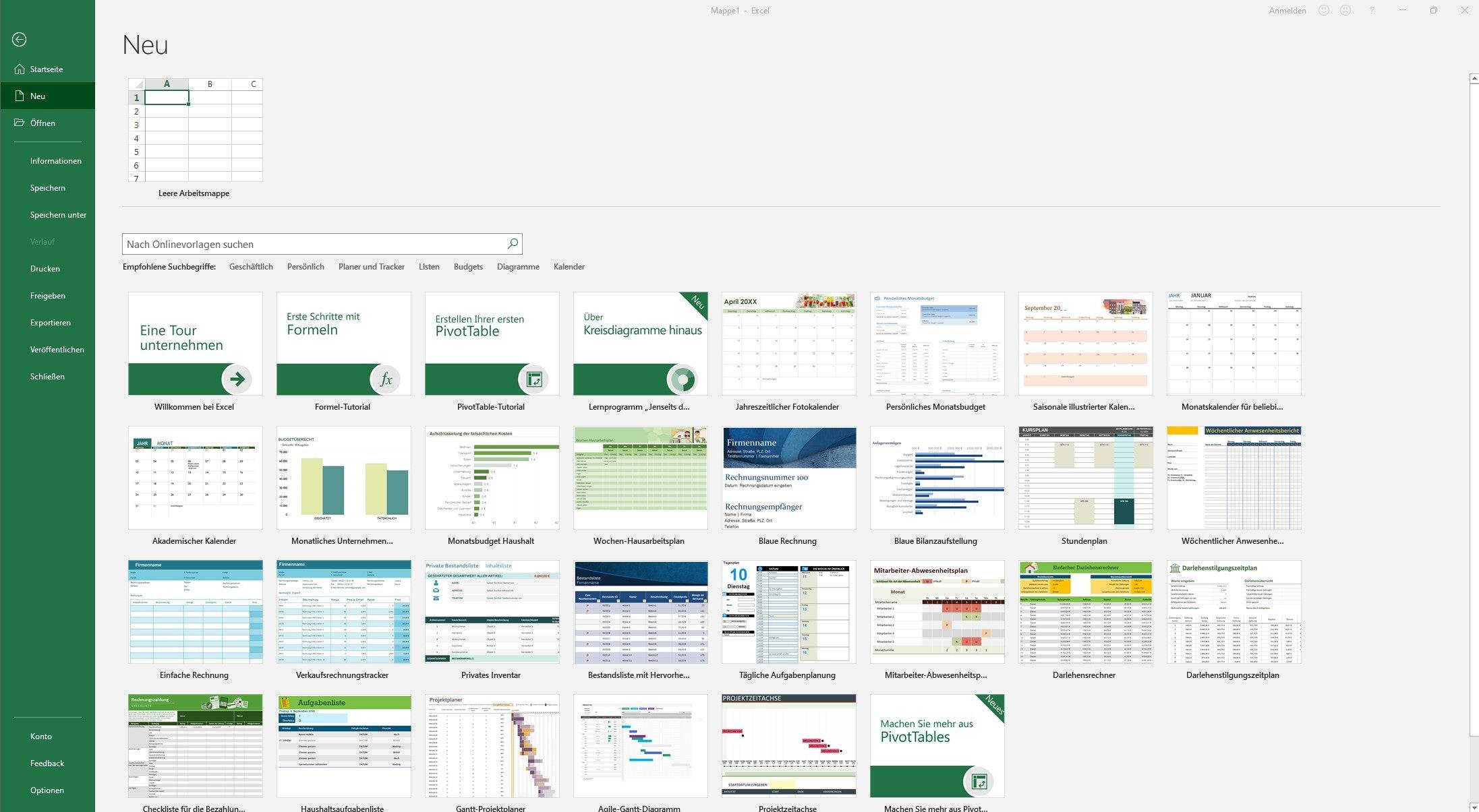 Vorlagenübersicht in Microsoft Excel 2021