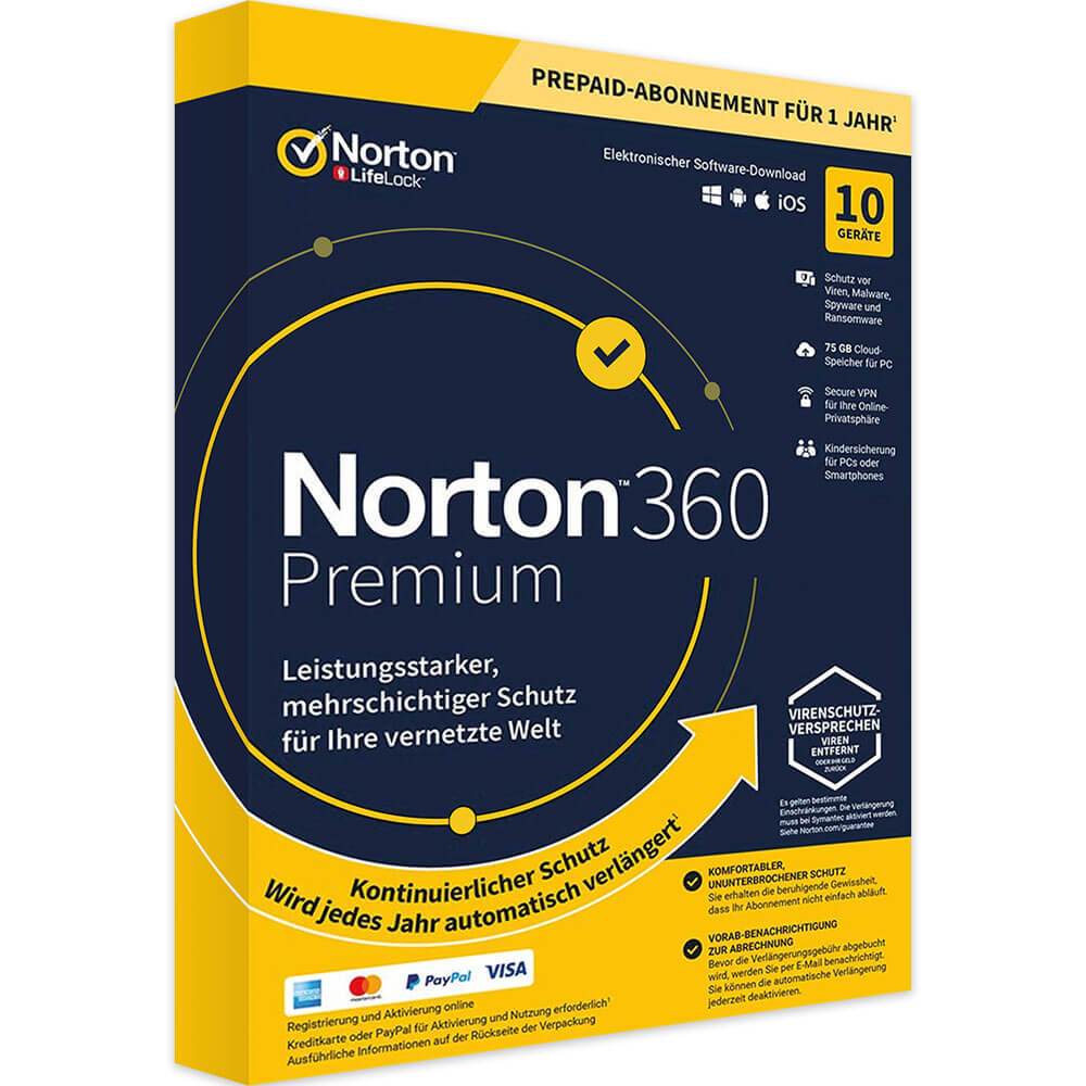 Norton 360 Premium Verpackung mit 1 Jahr Schutz für 10 Geräte